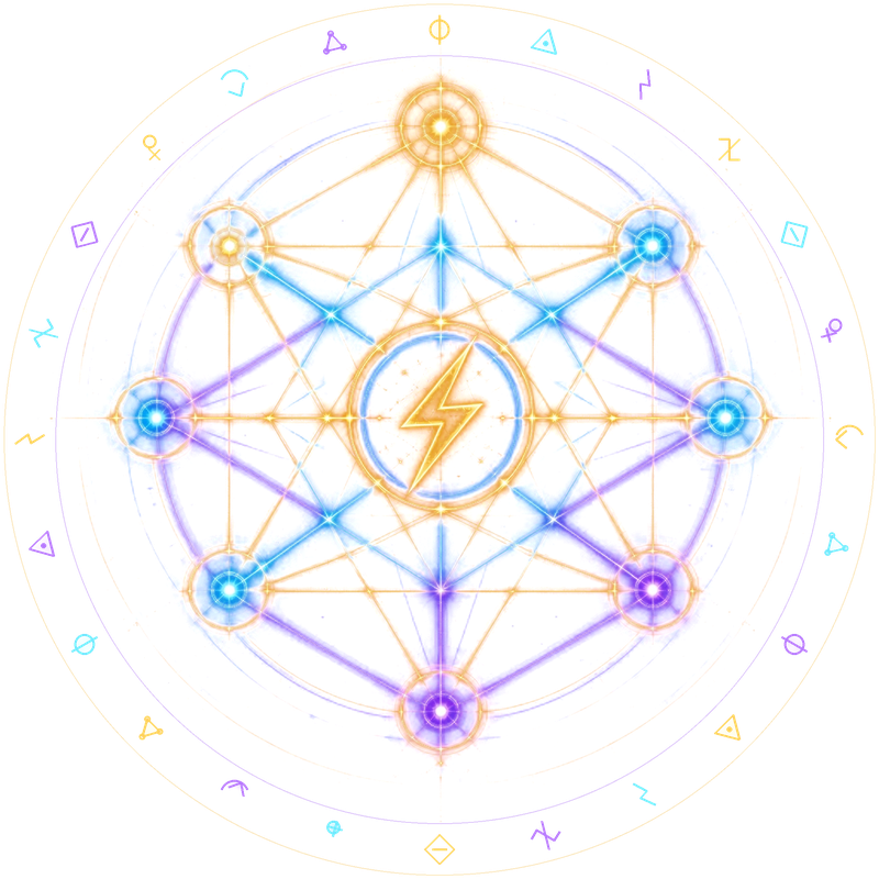 The Codex Lumina cube: a glowing sacred-geometry cube inside rings of light