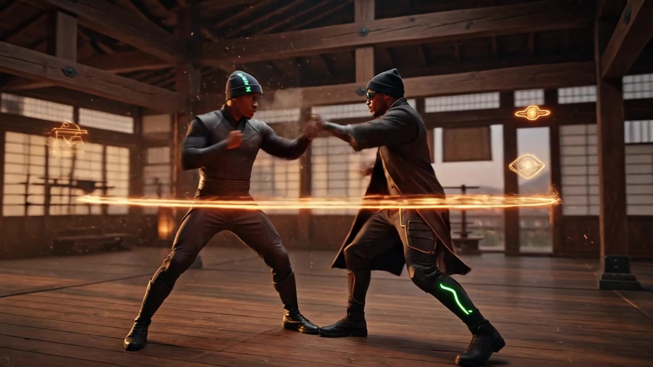 phEEnix in a beanie and Cy sparring in a dojo as glowing spell circles flare.