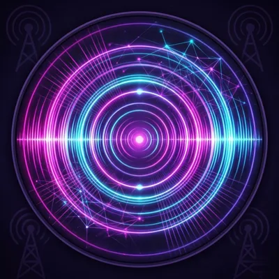 Echo emblem: neon sound-wave rings with radio towers