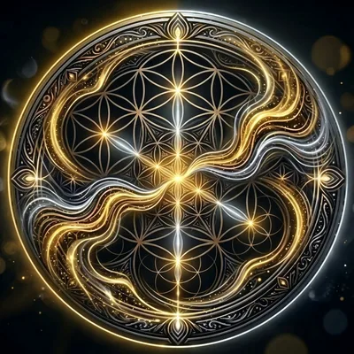 Flow Master emblem: gold flowing streams over a Flower of Life disc