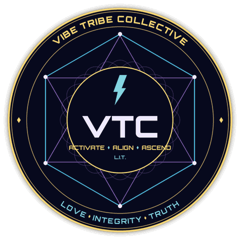The VTC crest: VIBE TRIBE COLLECTIVE and LOVE · INTEGRITY · TRUTH around a hexagon and hexagram with a cyan bolt, VTC, and ACTIVATE · ALIGN · ASCEND.