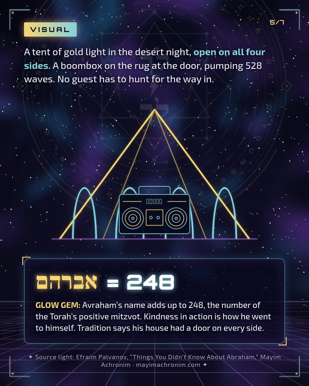 A neon tent open on four sides with a boombox at the door. אברהם = 248.