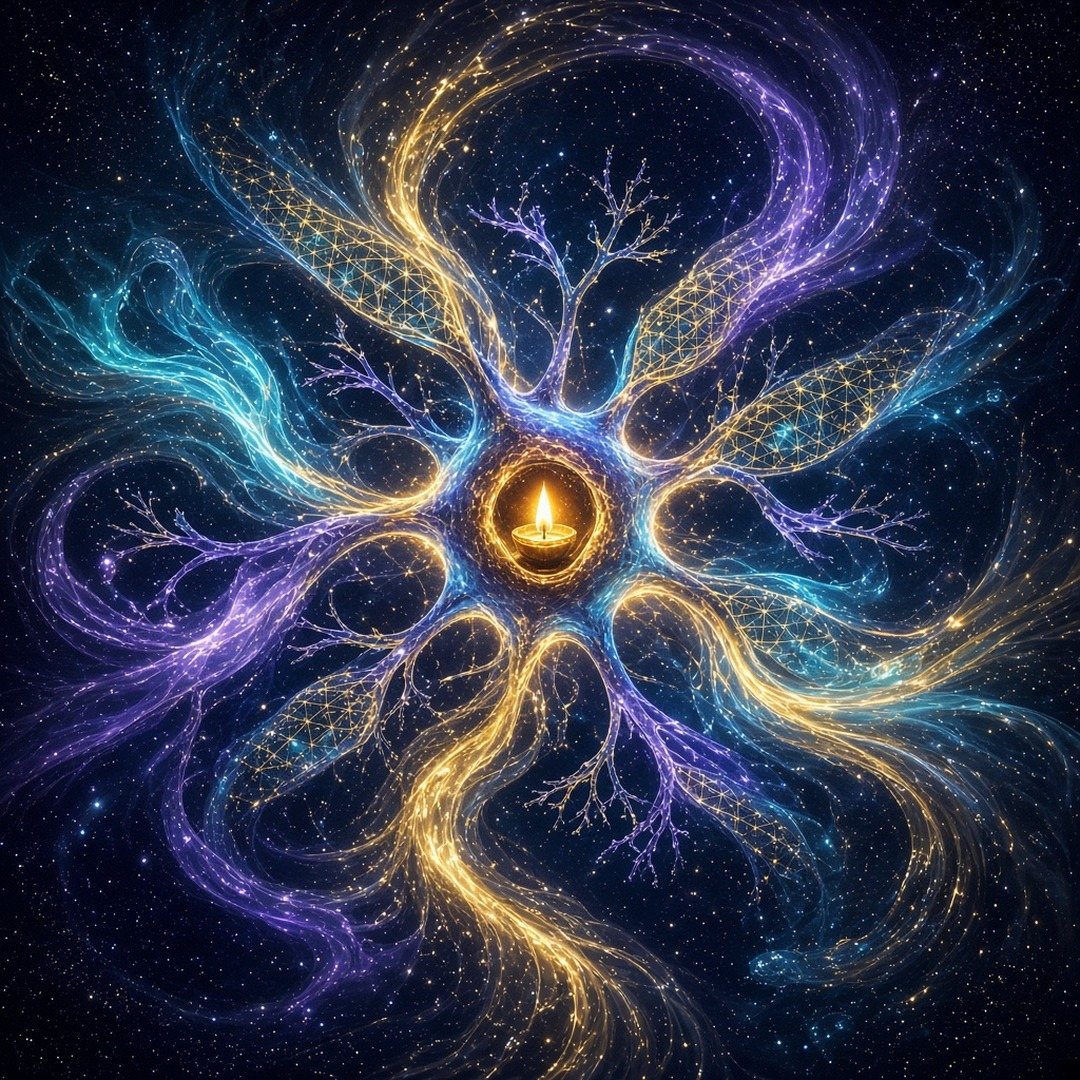 A small oil lamp burns at the center of a glowing neuron whose branching gold, cyan and violet tendrils spread out across a starfield.