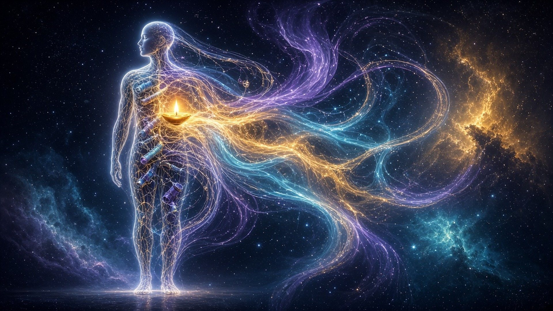 A translucent human figure of light stands in deep space, a small oil lamp glowing in its chest and glowing tube-like microtubules along its body, as streams of gold, cyan and violet light flow out into the cosmos.