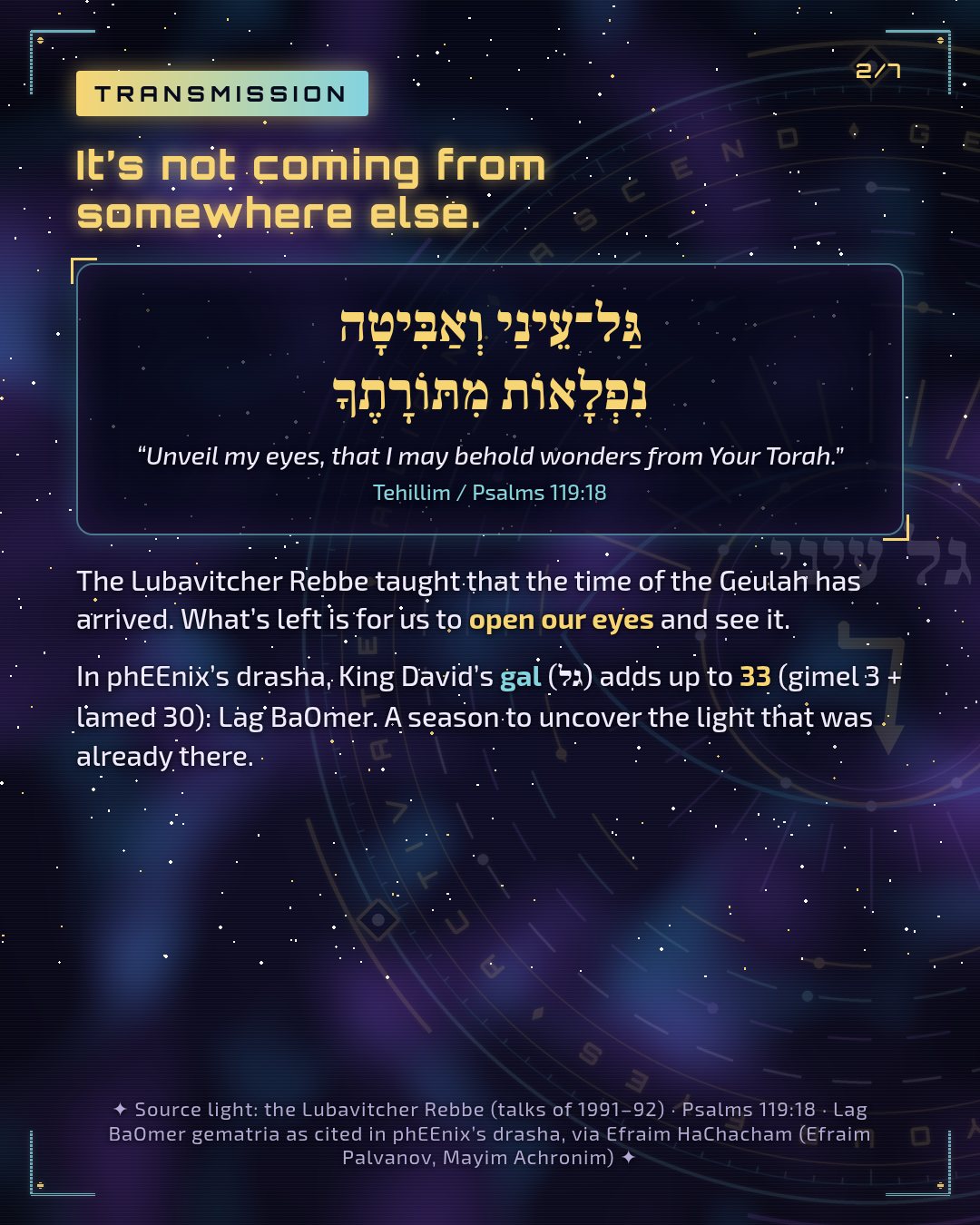 Transmission: Psalms 119:18 in Hebrew, "Unveil my eyes, that I may behold wonders from Your Torah," and gal (גל) = 33, Lag BaOmer. Footer credits the gematria via Efraim HaChacham (Efraim Palvanov, Mayim Achronim).