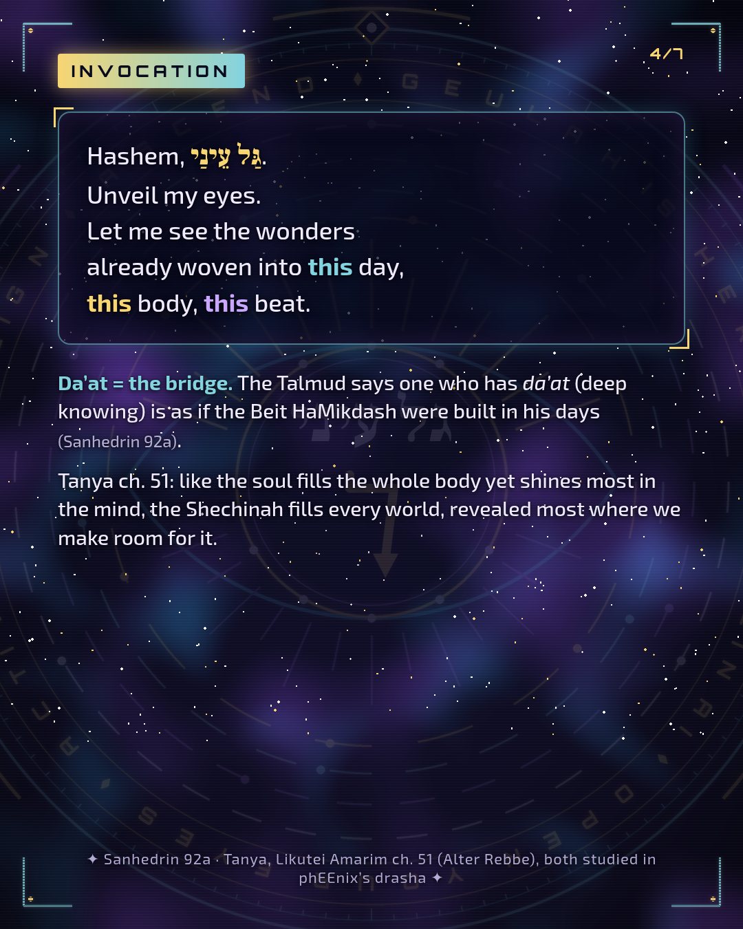 Invocation: "Hashem, gal einai. Unveil my eyes," with notes on da'at (Sanhedrin 92a) and Tanya ch. 51.