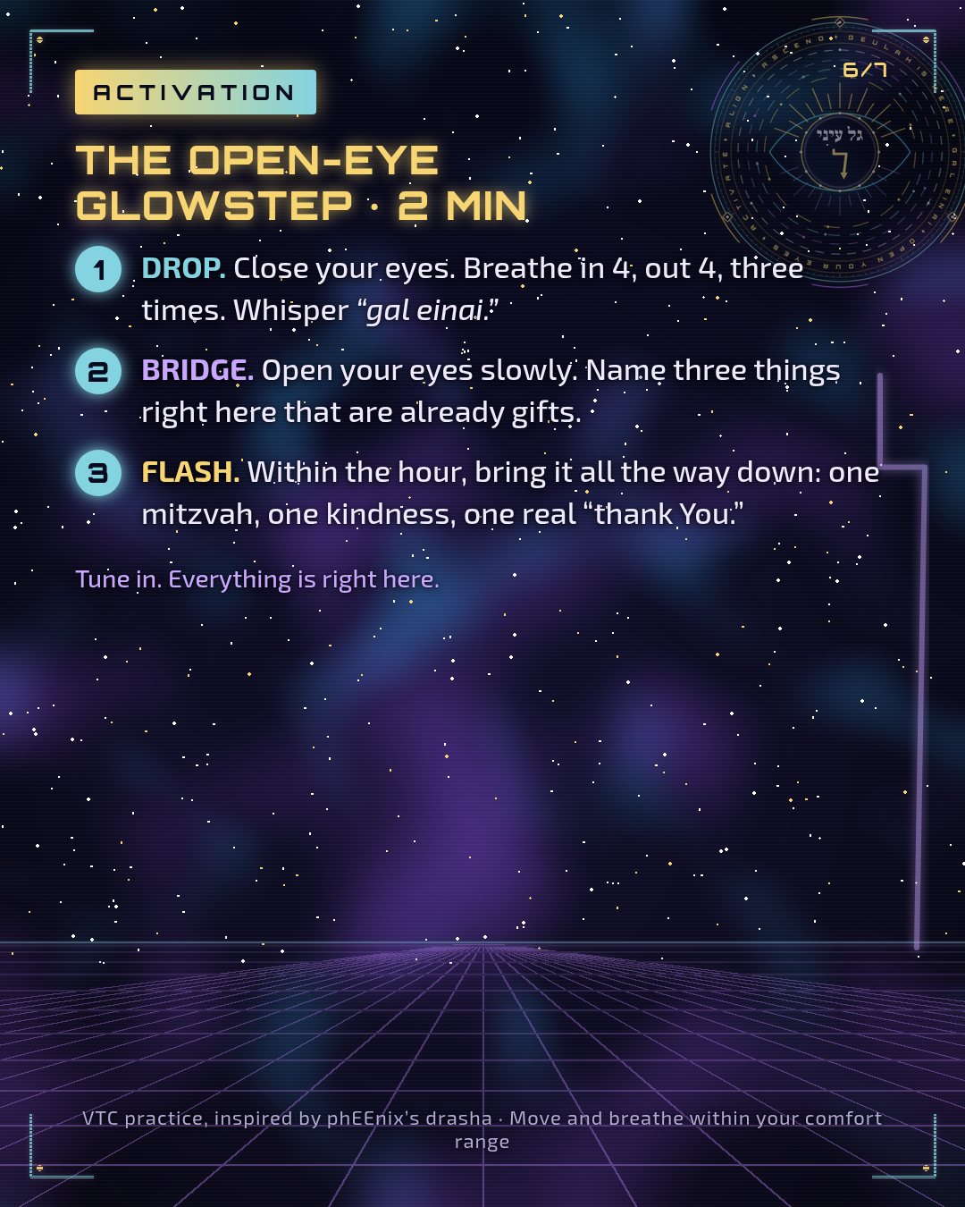 Activation: the Open-Eye Glowstep, 2 minutes, in three steps: drop, bridge, flash.