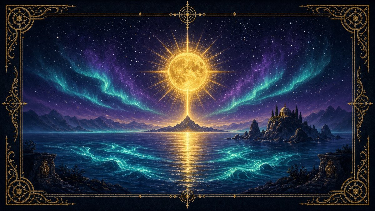 Sun rising over an island ocean — Codex Lumina sacred visual