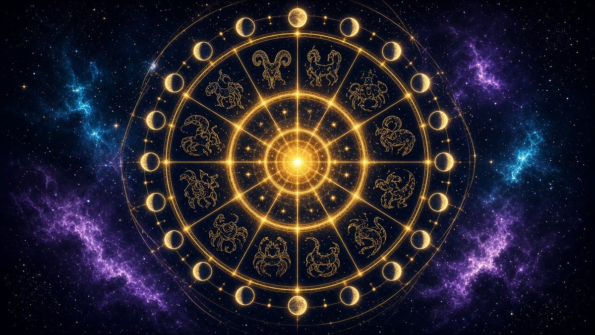 Cosmic wheel of the twelve Hebrew months in gold and cyan light