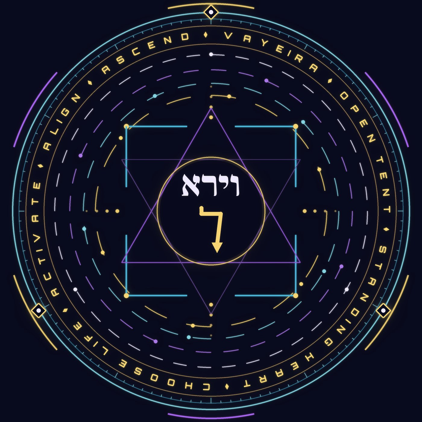 The Open-Tent Sigil: concentric gold, cyan and violet rings around a six-pointed star inside a square, with the Hebrew וירא and a gold letter at the center, ringed by the words Activate, Align, Ascend, Vayeira, Open Tent, Standing Heart, Choose Life.